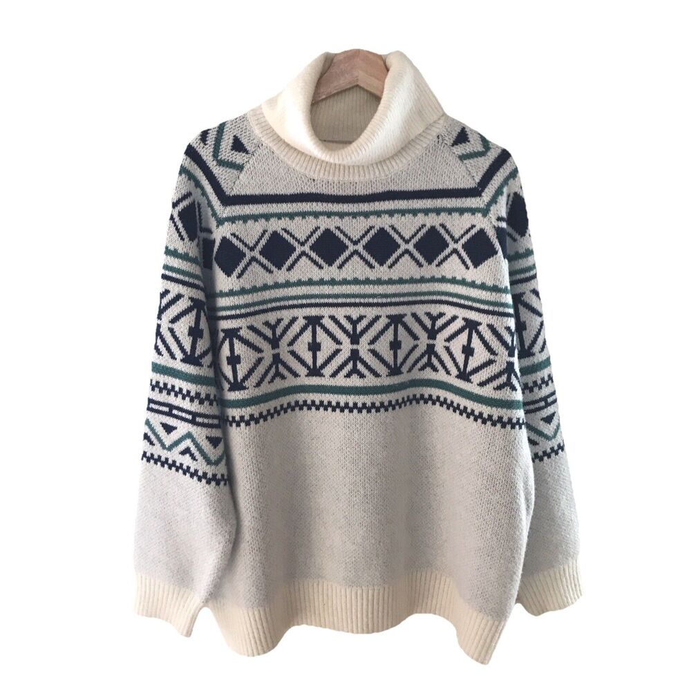 PASSENGER Men's Size M Wool Blend Blue Green Striped Knit Pullover Sweater Ski